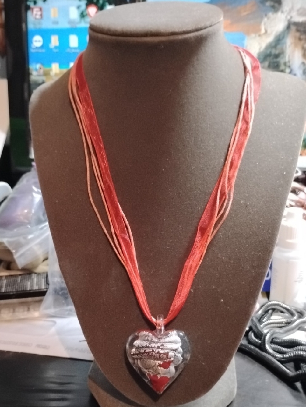 Glass Silver Red Heart Pendant Cord Ribbon Necklace Fashion Jewelry 18"L - Picture 1 of 4